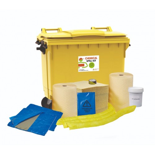 800 litre Chemical Spill Kit - 4 Wheeled Bin with Drain Cover & Putty