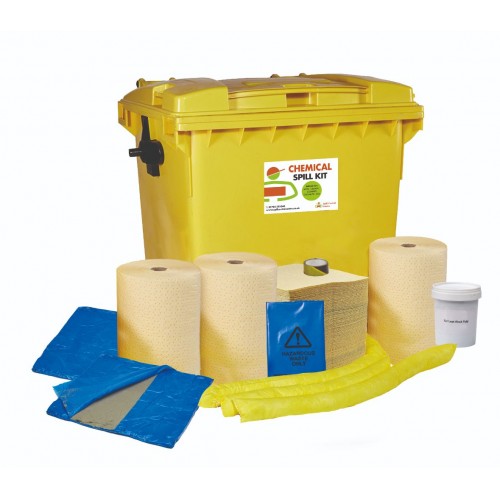 1100 litre Chemical Spill Kit - 4 Wheeled Bin with Drain Cover & Putty