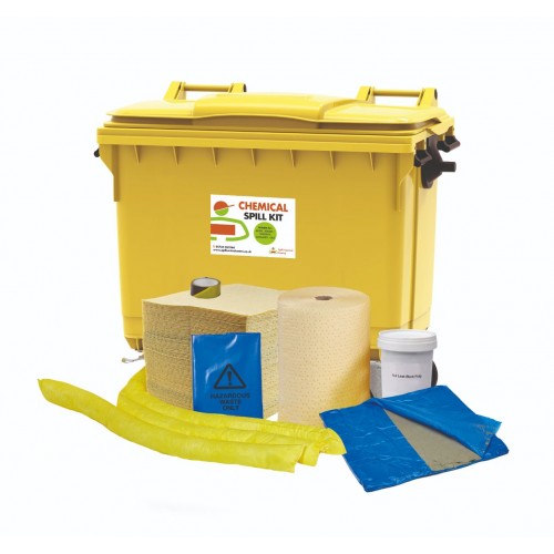 600 litre Chemical Spill Kit - 4 Wheeled Bin with Drain Cover & Putty
