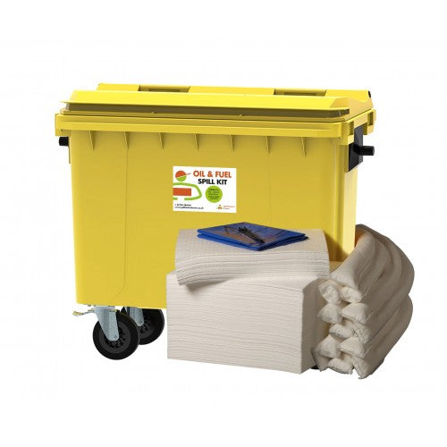 400 Litre Oil & Fuel Spill Kit - 4 Wheeled Bin with Drain Cover & Putty