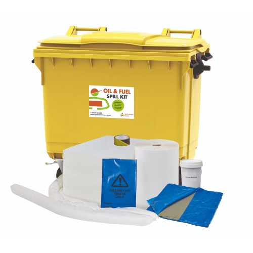 600 Litre Oil & Fuel Spill Kit - 4 Wheeled Bin with Drain Cover & Putty