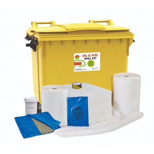 800 Litre Oil & Fuel Spill Kit - 4 Wheeled Bin with Drain Cover & Putty