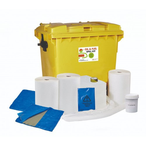 1100 Litre Oil & Fuel Spill Kit - 4 Wheeled Bin with Drain Cover & Putty