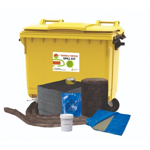 600 litre General Purpose Spill Kit - 4 Wheeled Bin with Drain Cover & Putty