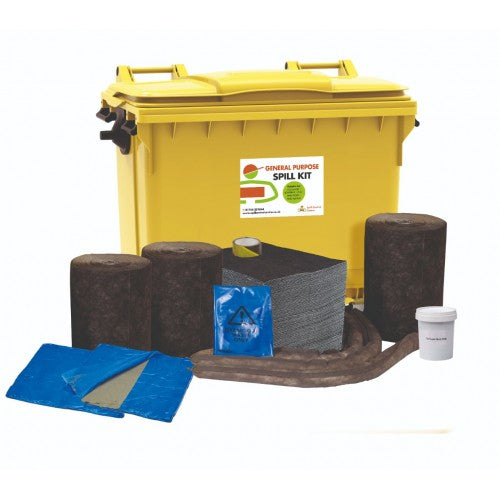 1100 litre General Purpose Spill Kit - 4 Wheeled Bin with Drain Cover & Putty