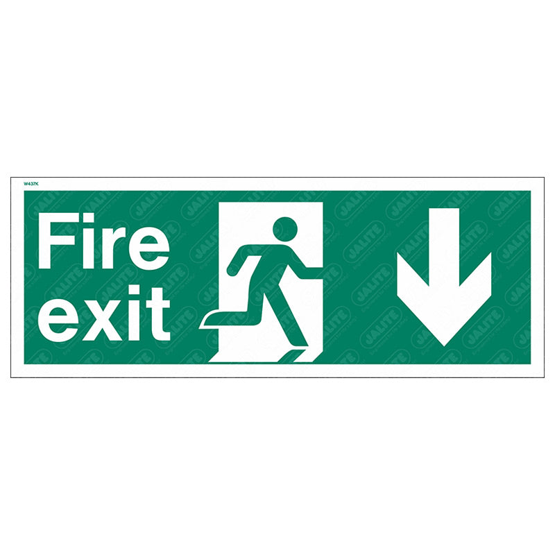 Fire exit man arrow down 400 x 150