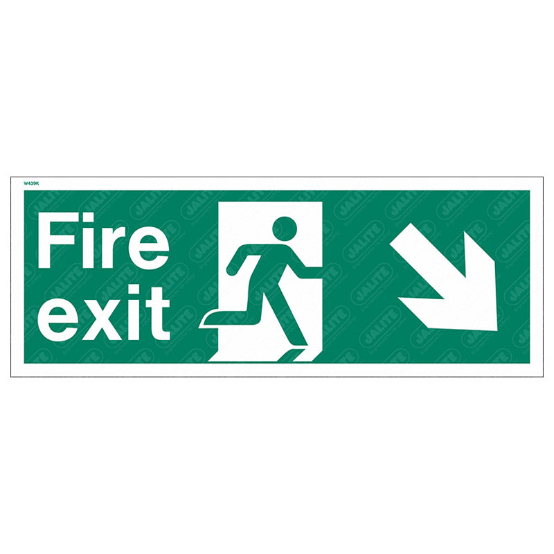 Fire exit man arrow down right 400 x 150